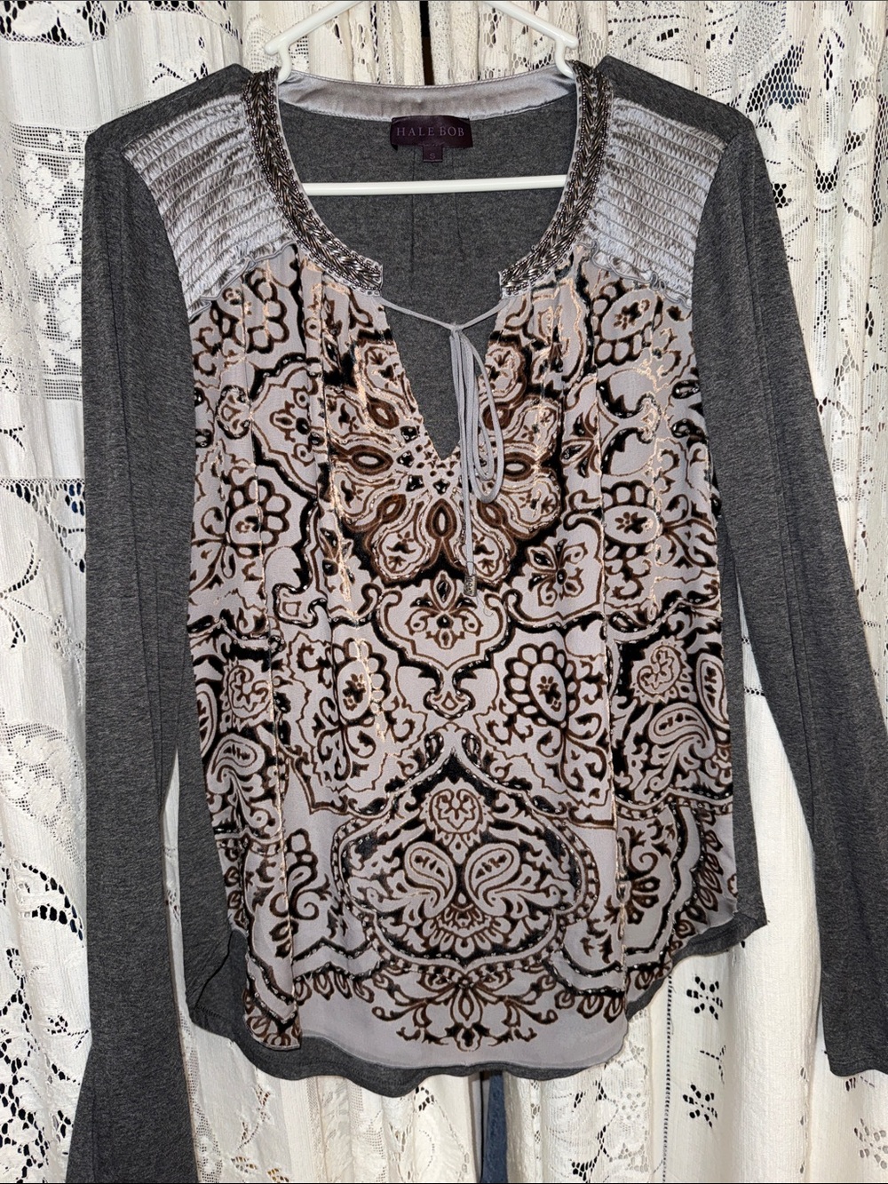 Hale Bob Gray and Brown Long Sleeve Velvet-Print Top